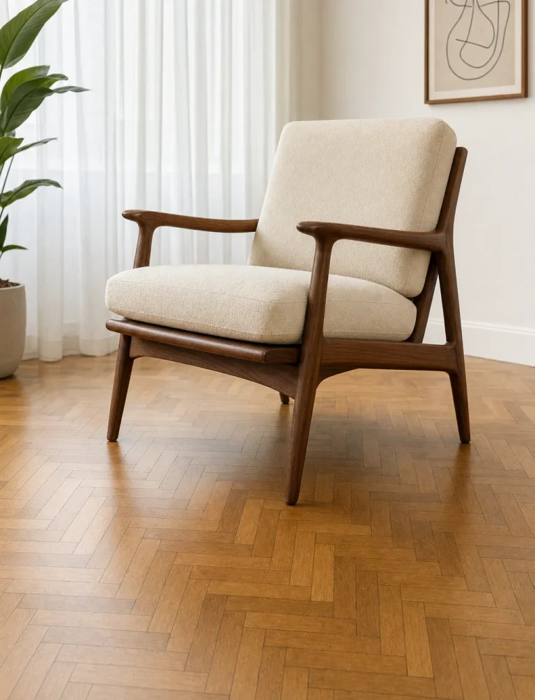 Phone camera framing a solid wood accent chair