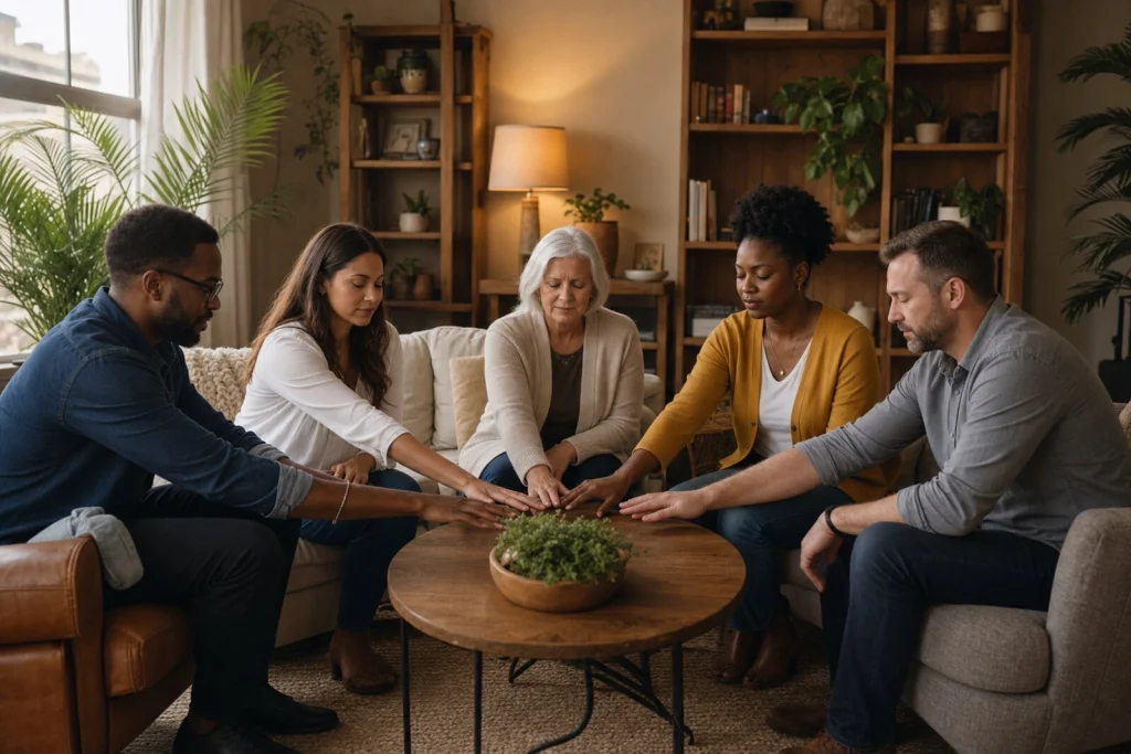 A circle of people praying together with joined hands